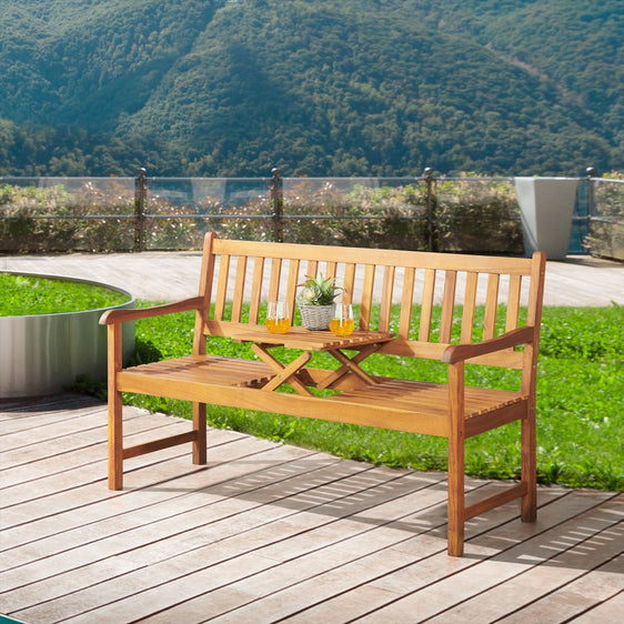 Natural Oil Fini Bristol Two Seat Bench with Pop Up Table - Outdoor Seating