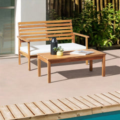 Natural Orwell Outdoor Acacia Wood Bench with Cushion and 15" Cocktail Table, Set of 2 - Outdoor Seating