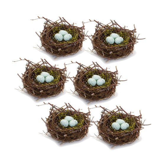 Natural Twig Bird Nest with Speckled Eggs, Set of 6 - Decor