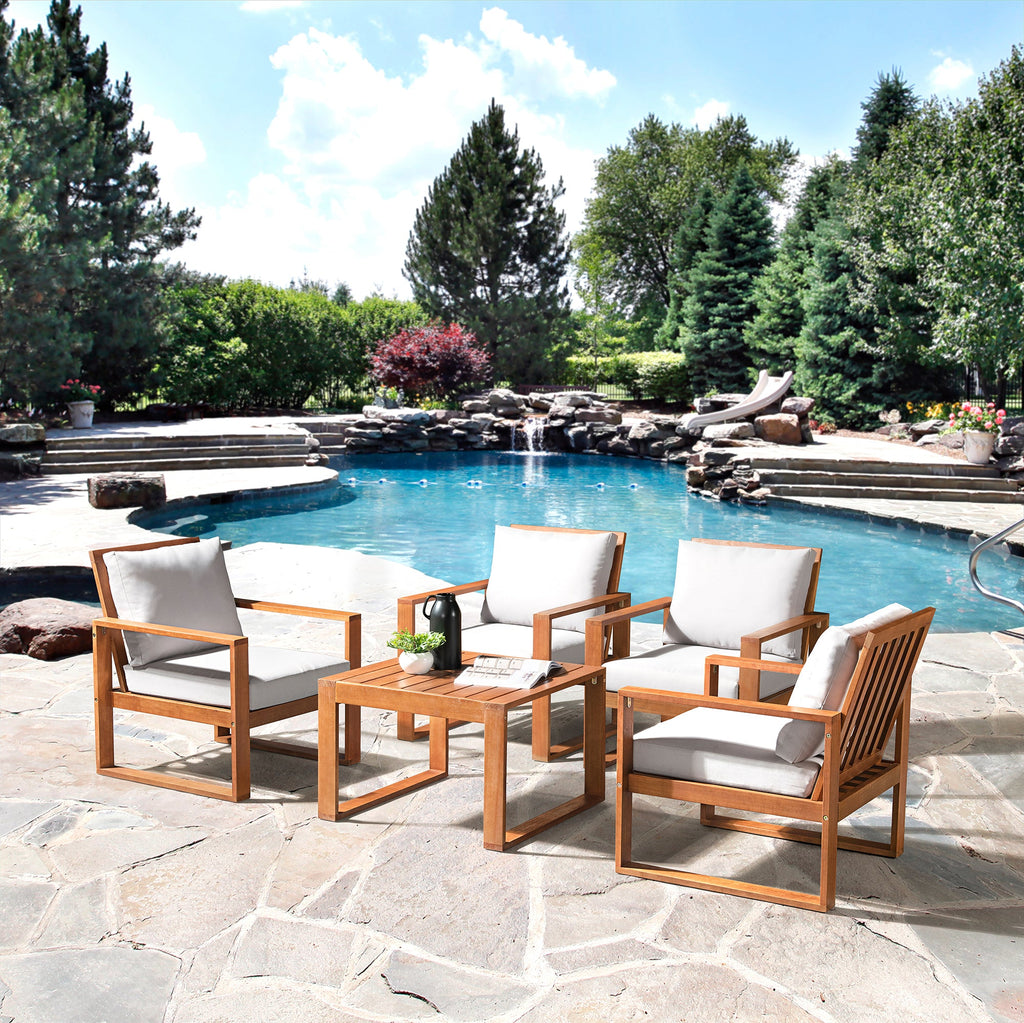 Natural Weston Eucalyptus Wood 5-piece Set with Set of 4 Outdoor Chairs and Cocktail Table - Outdoor Seating