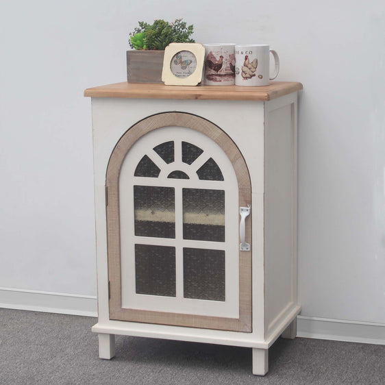 Natural Wood Farmhouse Wooden Side Table with Arch Designed Glass Door - End Tables