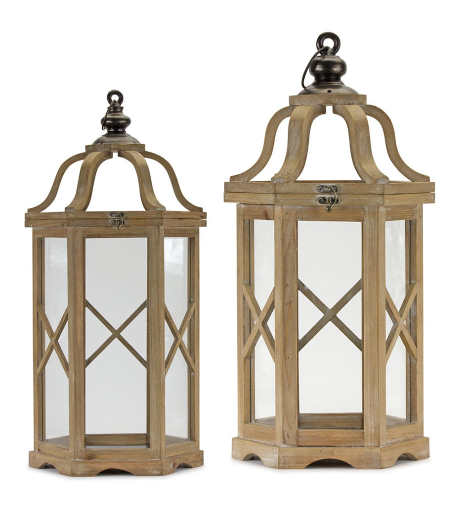Natural Wood Hexagon Lantern with Curved Top, Set of 2 - Lanterns
