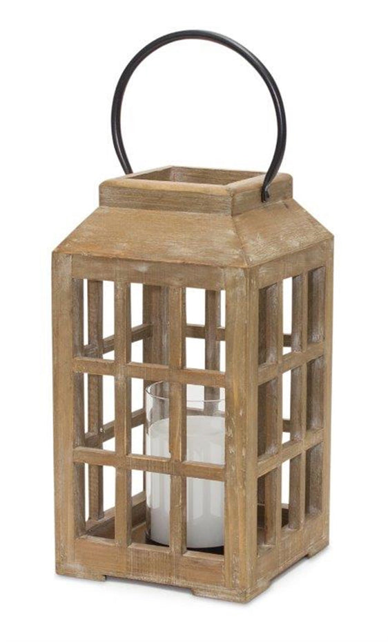Natural Wooden Lantern with Glass Hurricane - Lanterns