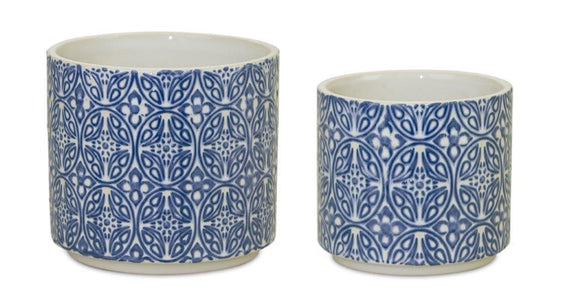Ornamental Blue and White Ceramic Pot (Set of 2) - Planters