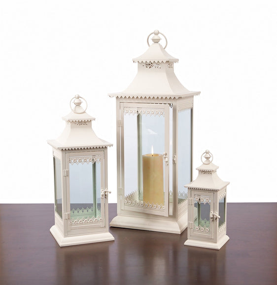 Ornamental-Ivory-Metal-Lantern,-Set-of-3-Lanterns