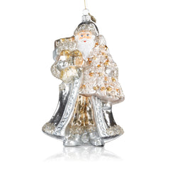Pier 1 Silver Santa with Christmas Tree and Presents Glass Christmas Ornament - Ornaments