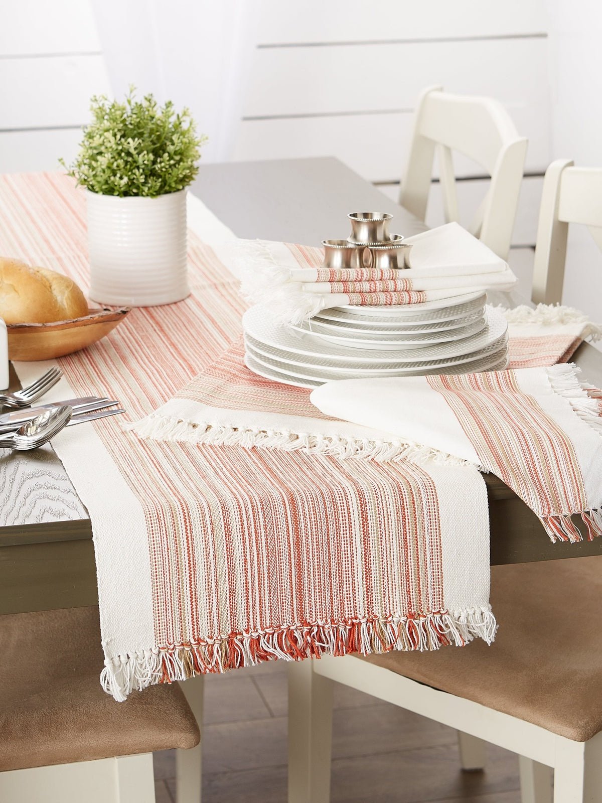 Pimento Striped Fringed Placemats, Set of 6 - Placemats