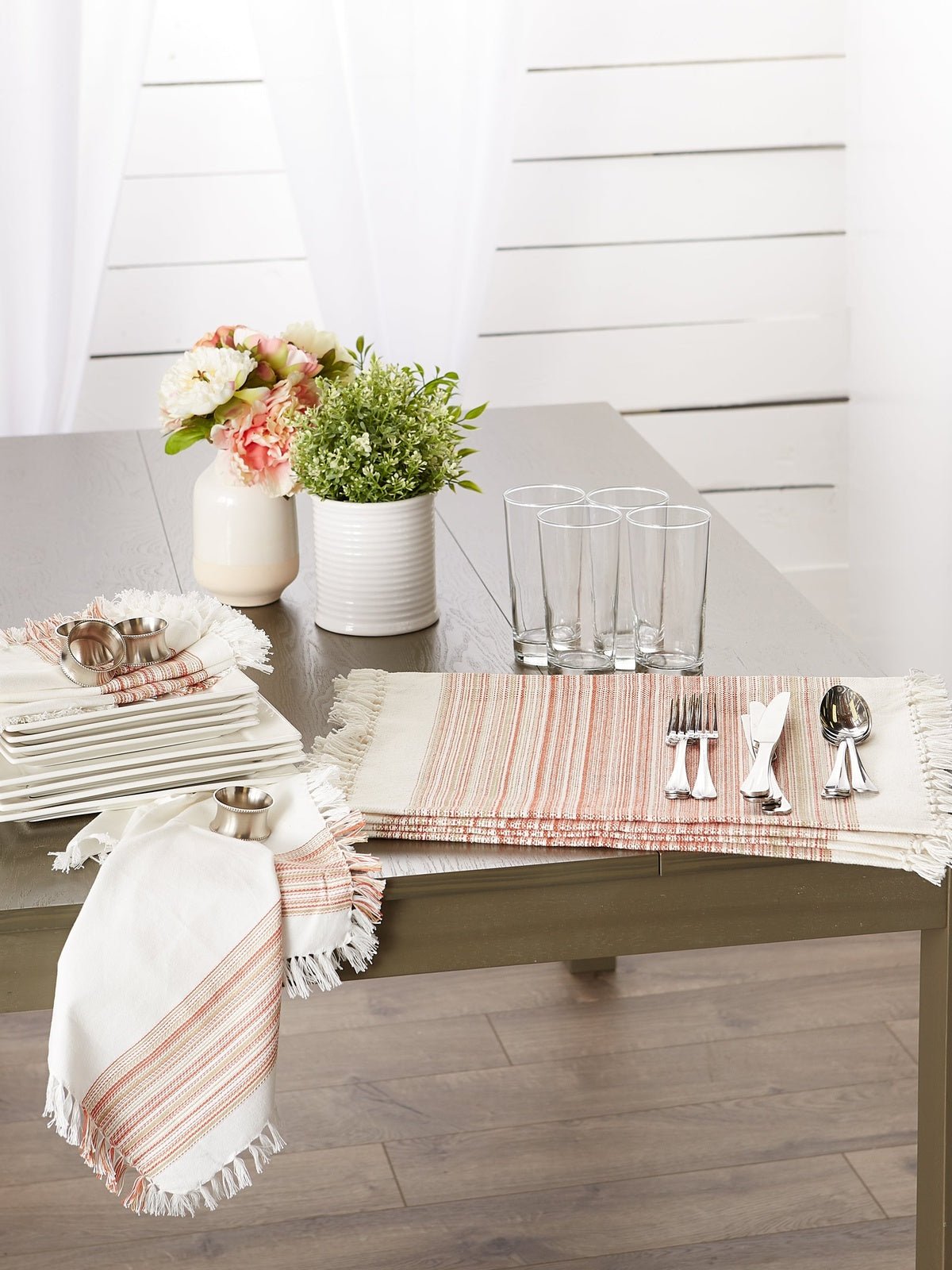 Pimento Striped Fringed Placemats, Set of 6 - Placemats