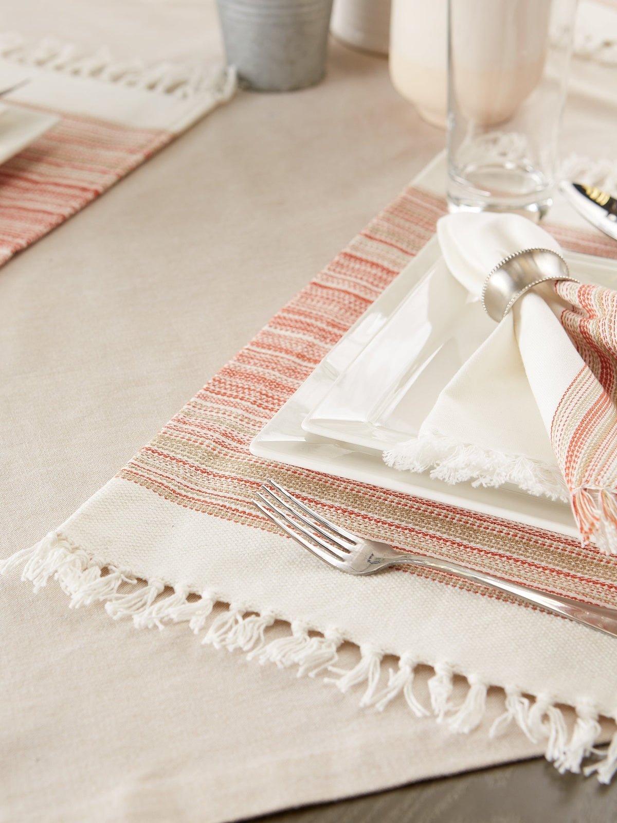 Pimento Striped Fringed Placemats, Set of 6 - Placemats