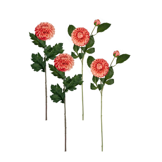 Pink Dahlia Flower Stem with Bud Accent, Set of 4 - Faux Florals