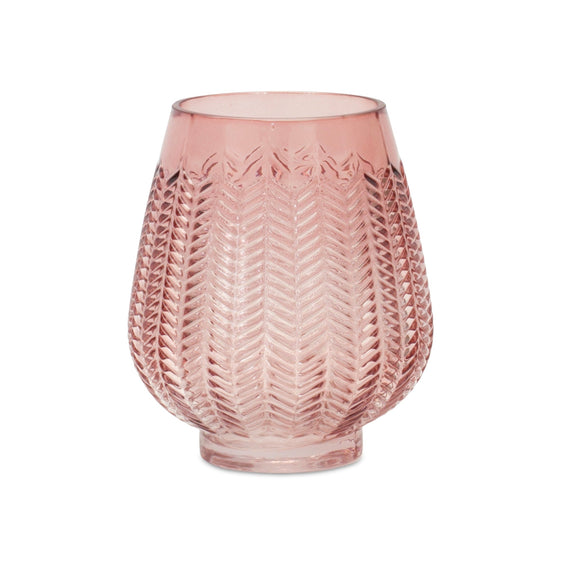 Pink Ribbed Glass Vase or Candle Holder 6" - Vases