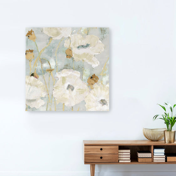 Poppies In The Wind Cream Square Canvas Giclee - Wall Art