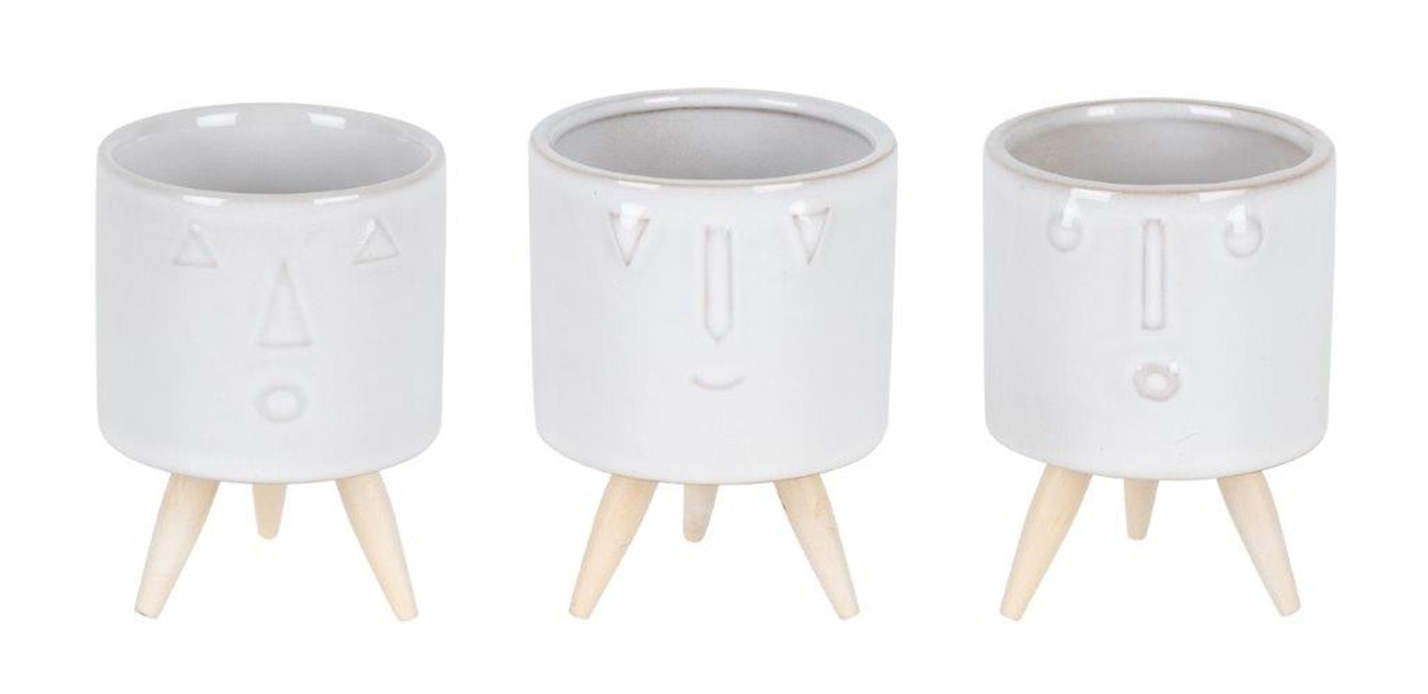 Porcelain Face Planter with Wooden Legs (Set of 3) - Planters