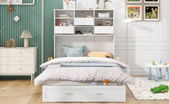 Queen Murphy Bed with Bookcase, Bedside Shelves and Drawer, White - Beds