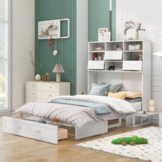 White-Queen-Murphy-Bed-with-Bookcase,-Bedside-Shelves-and-Drawer-Beds