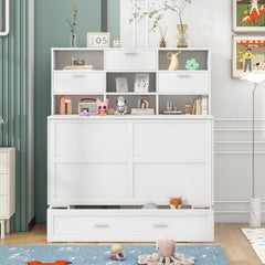 Queen Murphy Bed with Bookcase, Bedside Shelves and Drawer, White - Beds