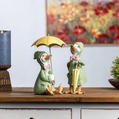 Raincoat-Duck-Figurine-with-Umbrella-(Set-of-2)-Outdoor-Decor