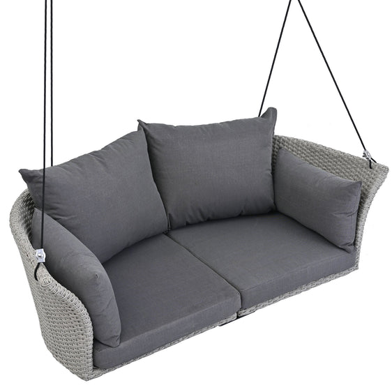 Rattan Woven Swing Chair 2 Seat with Ropes and Cushion, grey - Outdoor Furniture