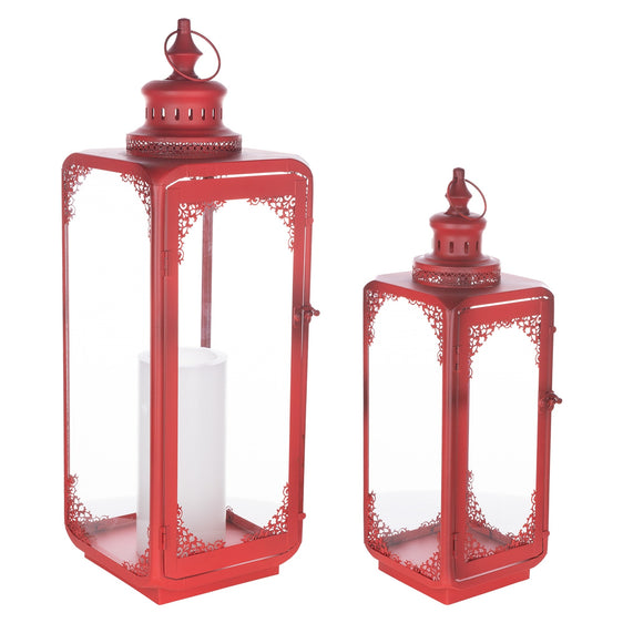 Red-Ornate-Curved-Metal-Lantern,-Set-of-2-Lanterns