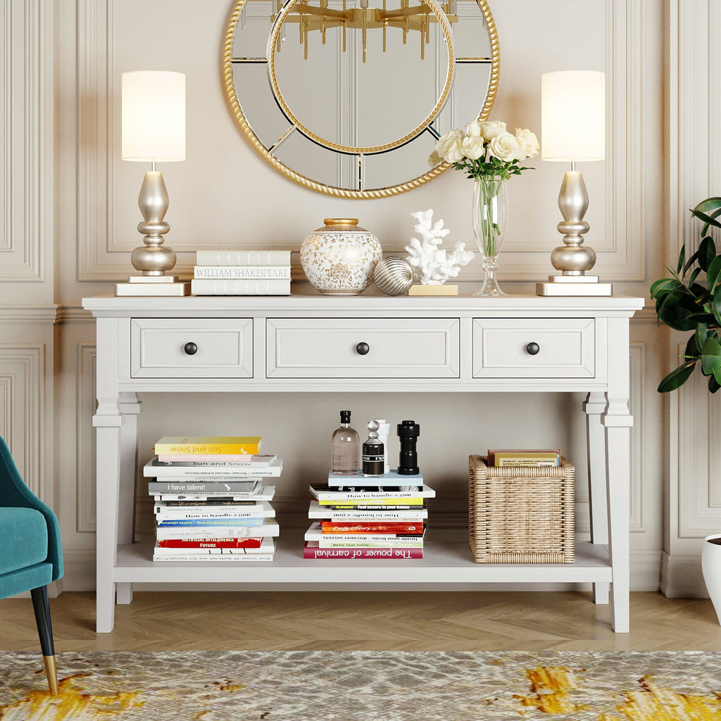 Reese 50'' Console Table with 2 Tiers of Storage, 3 Drawers and Open Style Bottom Shelf, Antique White - Consoles