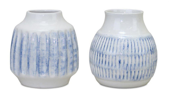 Ribbed-Ceramic-Vase-with-Washed-Blue-Finish,-Set-of-2-Vases