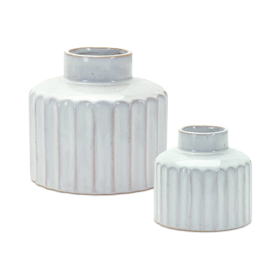 Ribbed-Porcelain-Vase-with-Washed-Finish,-Set-of-2-Vases