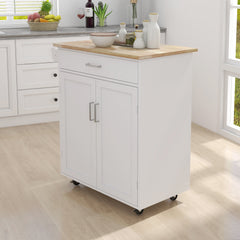 Rolling Kitchen Island with Towel Rack and Rubber Wood Table Top - Kitchen Carts