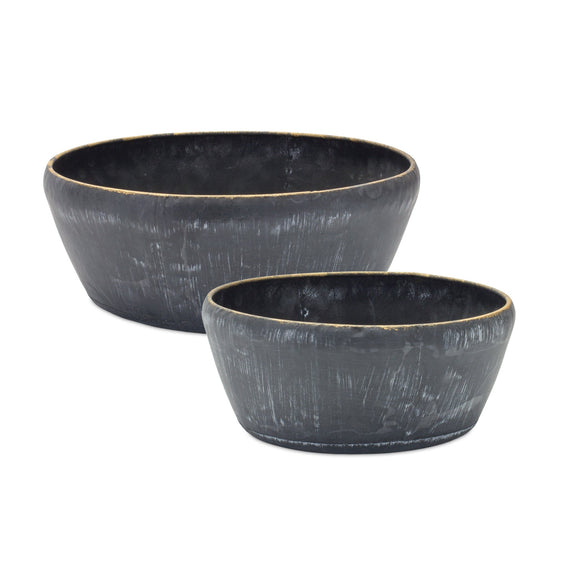 Round Distressed Metal Planter with Gold Accent, Set of 2 - Planters