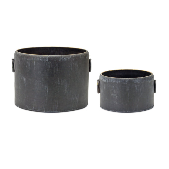 Round Distressed Metal Planter with Handles, Set of 2 - Planters