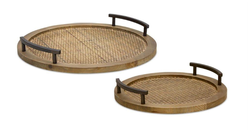 Round Rattan Tray with Metal Handle Accents, Set of 2 - Decorative Trays