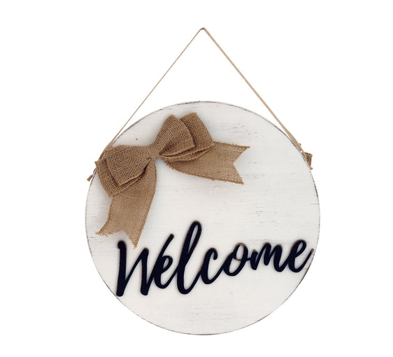 Round Welcome Hello Reversible Wood Wall Decor with Burlap Bow - Porch Sign