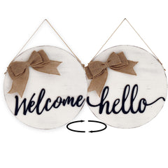 Round Welcome Hello Reversible Wood Wall Decor with Burlap Bow - Porch Sign