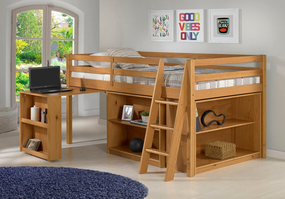 Roxy Wood Junior Loft Bed with Pull-out Desk, Shelving and Bookcase, Cinnamon - Children's Furniture
