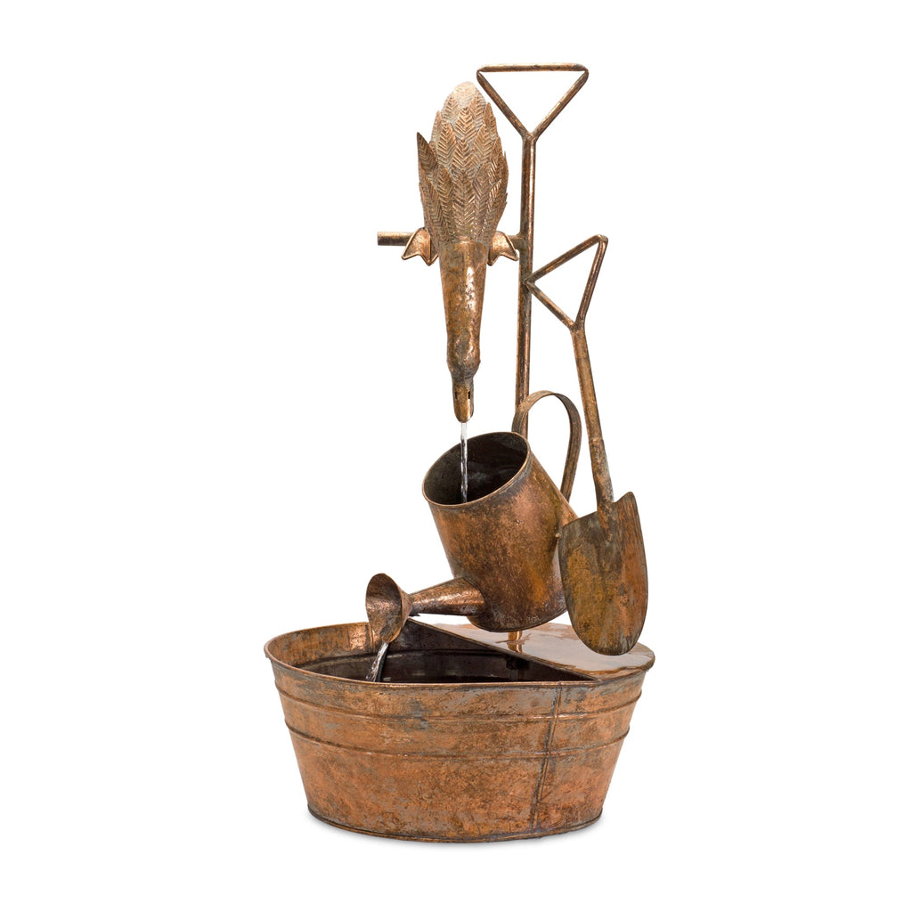 Rustic Metal Fountain with Duck and Watering Can 33" - Outdoor Decor