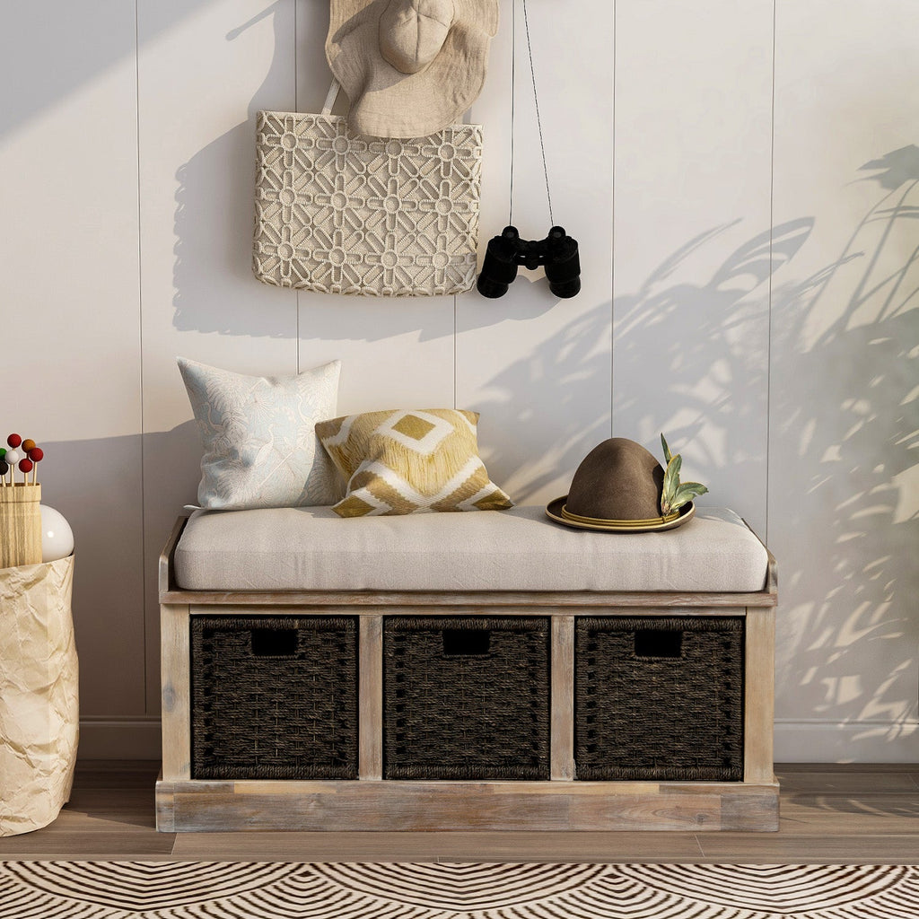 Rustic Storage Bench with 3 Rattan Baskets and Removable Cushion - Benches