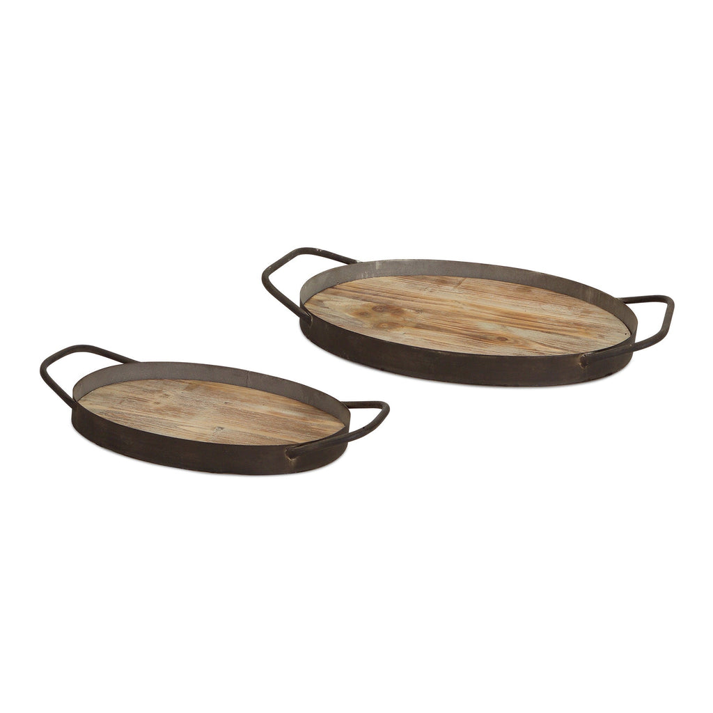 Rustic Wood Grain Tray with Industrial Metal Handles, Set of 2 - Decorative Trays
