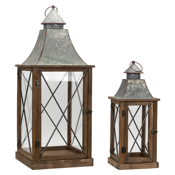 Rustic Wood Lantern with Galvanized Metal Lid, Set of 2 - Lanterns