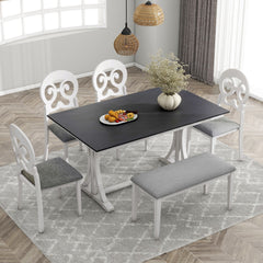 Sage 6 Piece Dining Set with Trestle Table, Victorian Round Upholstered Chairs and Bench - Dining Set