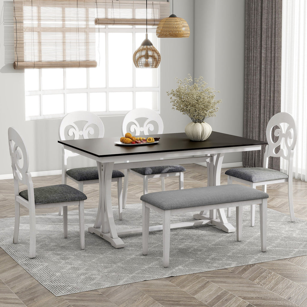 Sage 6 Piece Dining Set with Trestle Table, Victorian Round Upholstered Chairs and Bench - Dining Set