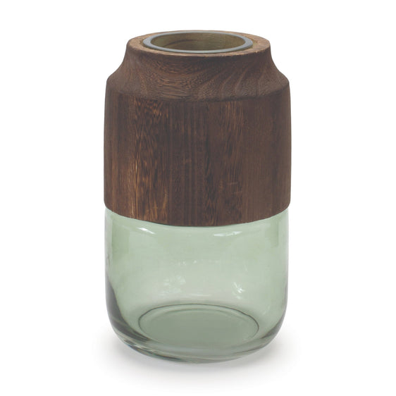 Sage Glass Vase with Wood Accent 9"H - Vases