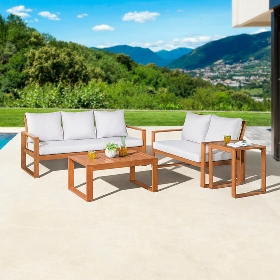 Smoke-Gray-Grafton-Eucalyptus-Wood-4-piece-Outdoor-Conversation-Set-with-2-seat-Bench,-3-seat-Bench,-Coffee-Table-and-Cocktail-Table-Outdoor-Seating