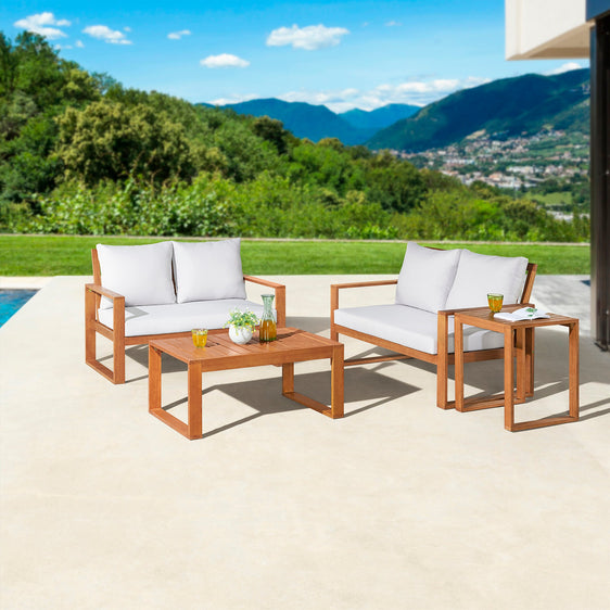 Smoke-Gray-Grafton-Eucalyptus-Wood-4-piece-Set-with-Two-2-seat-Benches,-Coffee-Table,-and-Cocktail-Table-Outdoor-Seating