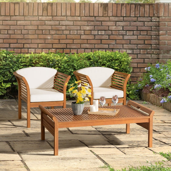Stamford-Eucalyptus-Wood-Outdoor-Conversation-Set-with-2-Chairs-and-Coffee-Table,-Set-of-3-Outdoor-Seating
