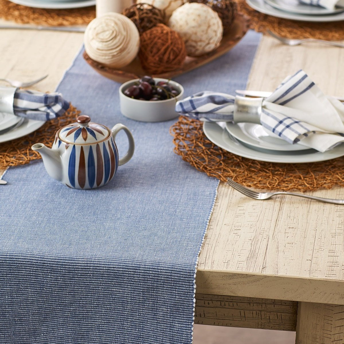 Stonewash Blue & White 2-Tone Ribbed Table Runner 13x72 - Table Runners