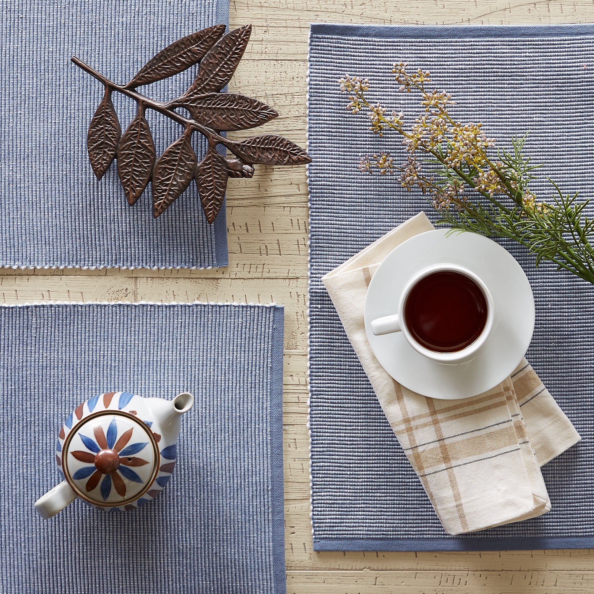 Stonewash Blue/white 2-tone Ribbed Placemats, Set of 6 - Placemats