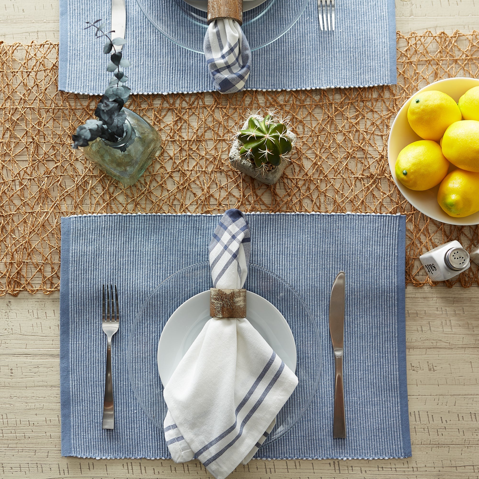 Stonewash-Blue/white-2-tone-Ribbed-Placemats,-Set-of-6-Placemats