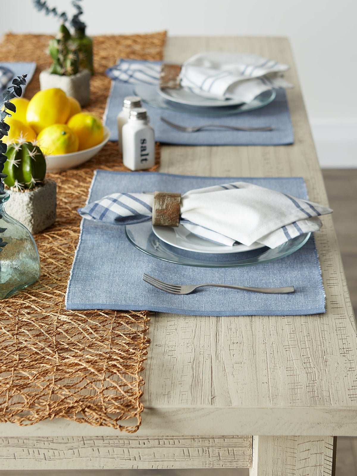 Stonewash Blue/white 2-tone Ribbed Placemats, Set of 6 - Placemats