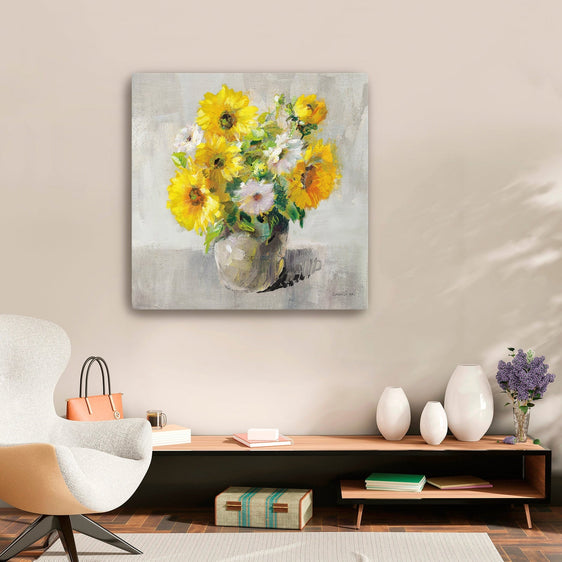 Sunflower Still Life I on Gray Canvas Giclee - Wall Art