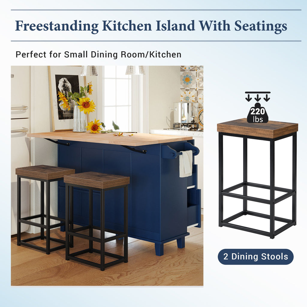 Sydney Farmhouse Kitchen Island Set with Drop Leaf and 2 Backless Stools - Dining Set