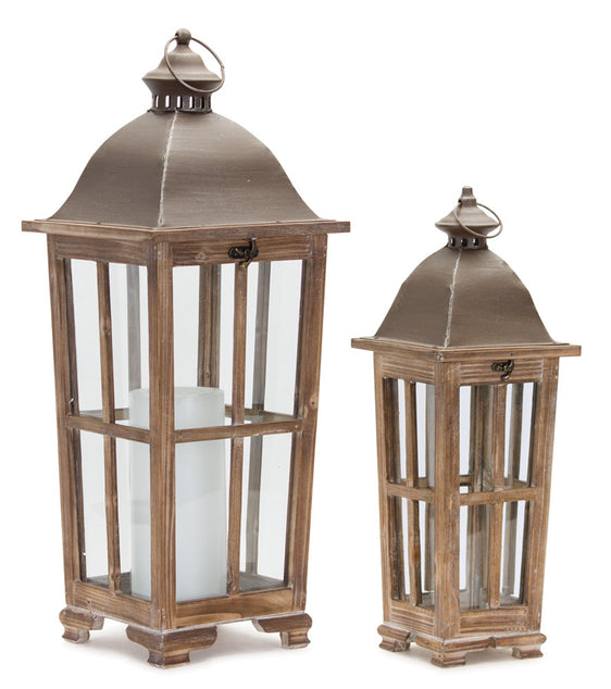 Tapered Wood Lantern with Metal Lid (Set of 2) - Lanterns